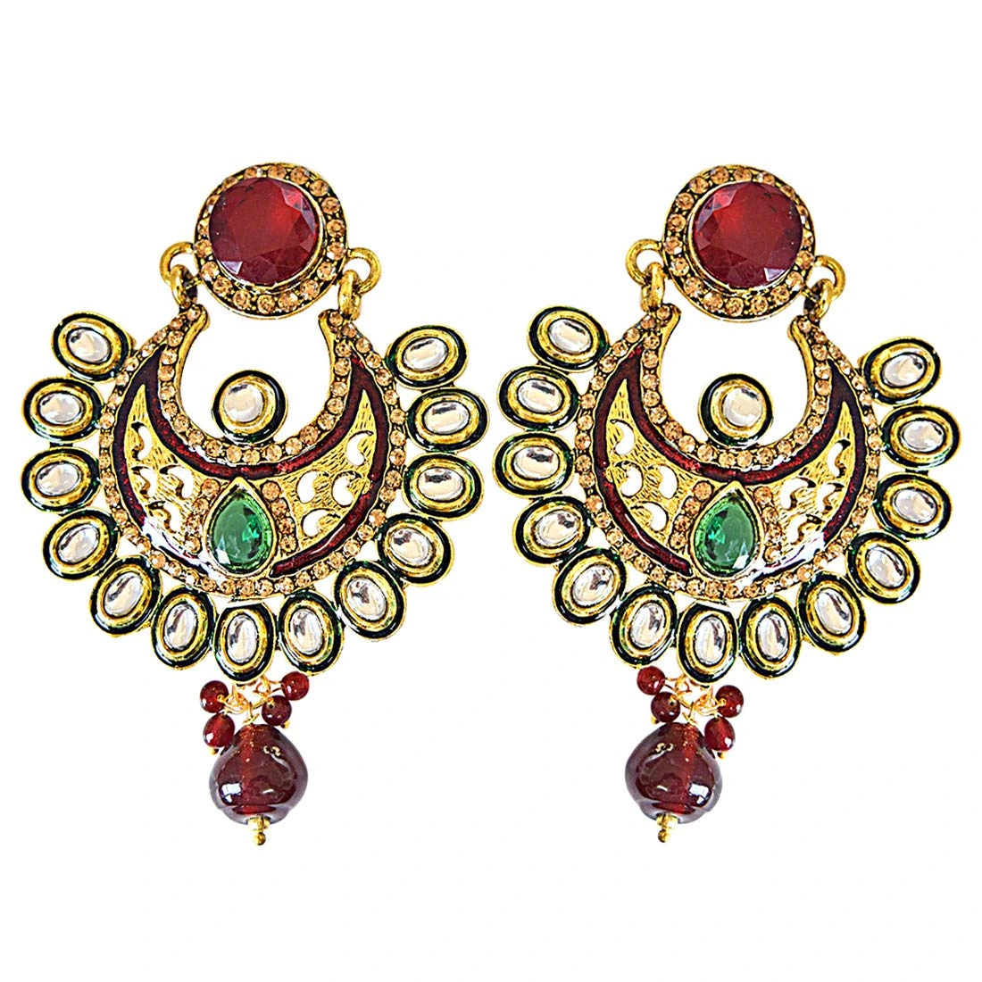 Ethnic Polki, Red & Green Stone & Gold Plated Dangling Earrings (PSE56)