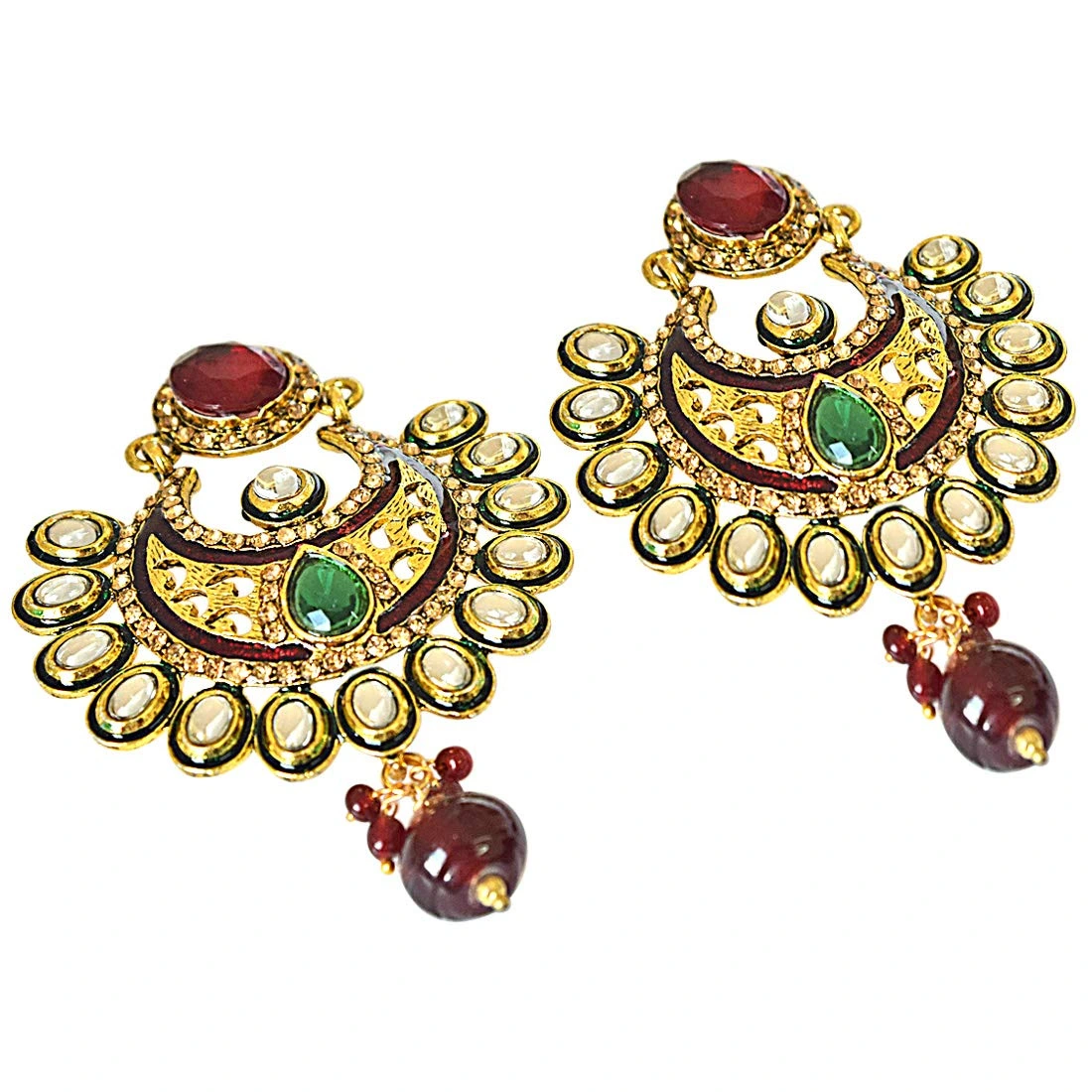 Ethnic Polki, Red & Green Stone & Gold Plated Dangling Earrings (PSE56)