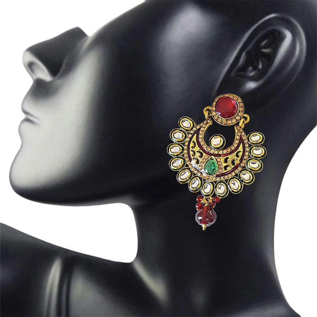 Ethnic Polki, Red & Green Stone & Gold Plated Dangling Earrings (PSE56)