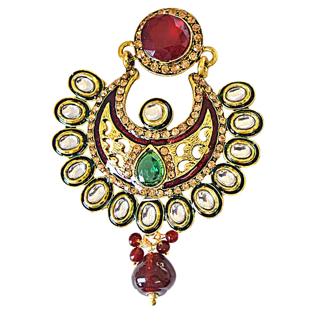 Ethnic Polki, Red & Green Stone & Gold Plated Dangling Earrings (PSE56)