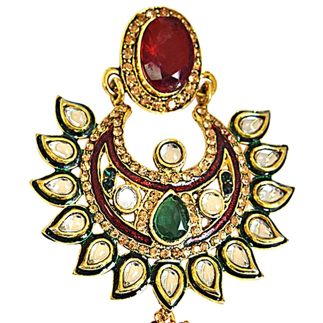 Traditional Polki, Red & Green Stone & Gold Plated Indian Motif Hanging Earrings