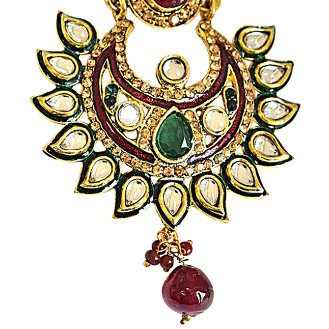 Traditional Polki, Red & Green Stone & Gold Plated Indian Motif Hanging Earrings (PSE57)