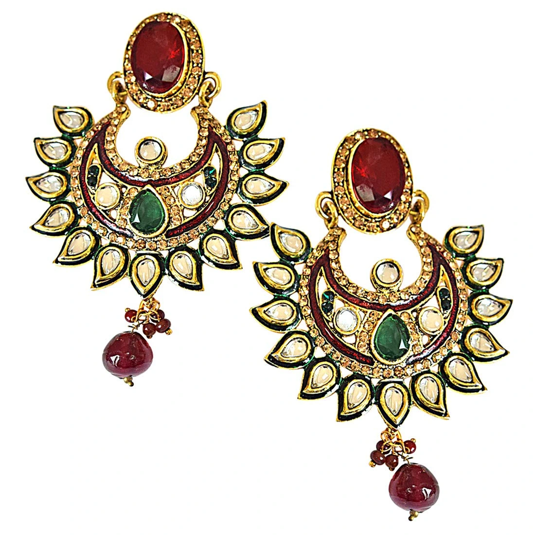 Traditional Polki, Red & Green Stone & Gold Plated Indian Motif Hanging Earrings (PSE57)