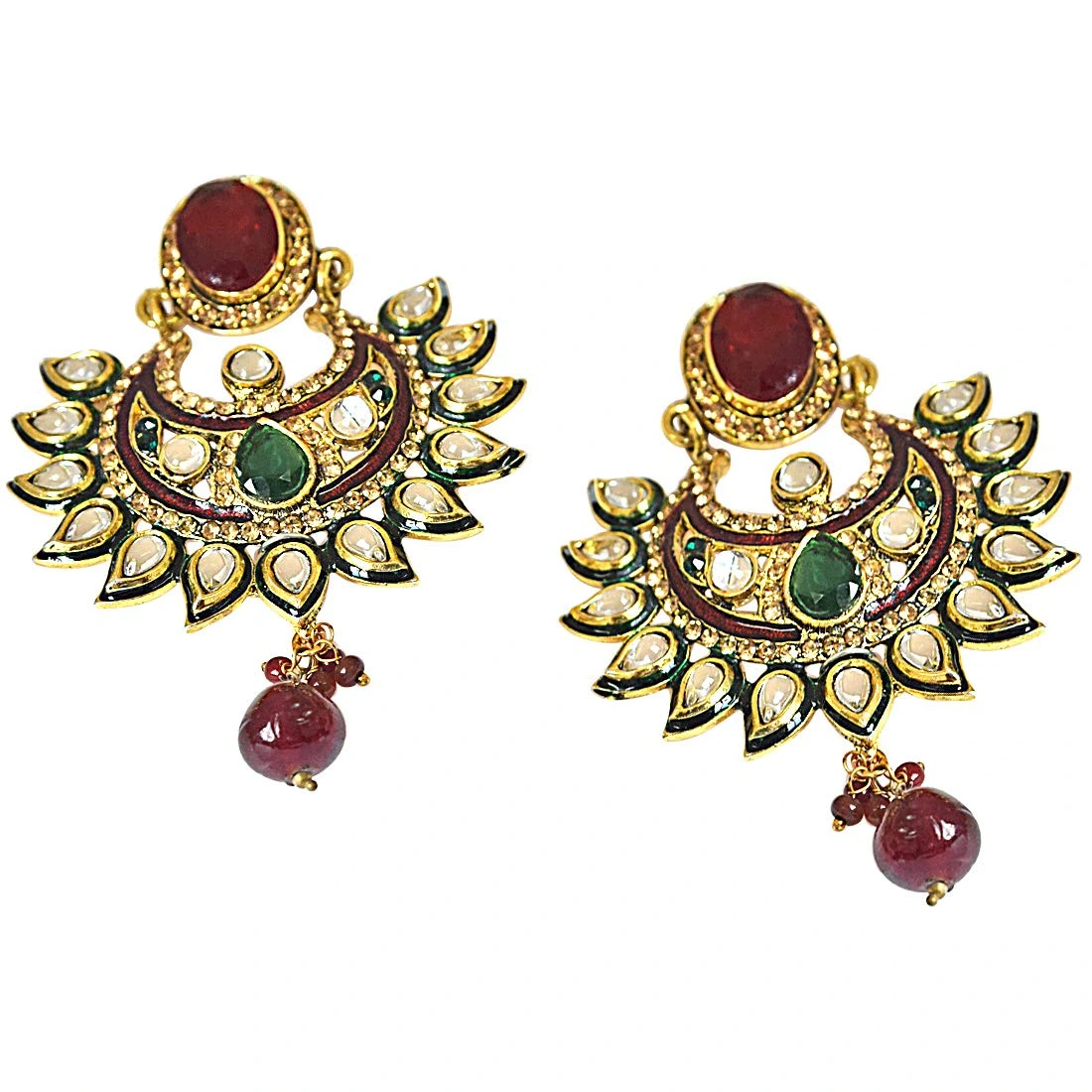 Traditional Polki, Red & Green Stone & Gold Plated Indian Motif Hanging Earrings (PSE57)