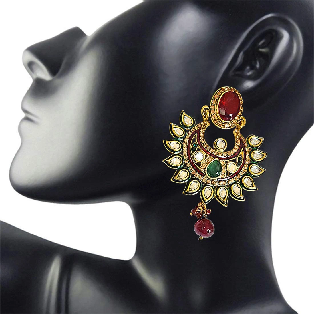 Traditional Polki, Red & Green Stone & Gold Plated Indian Motif Hanging Earrings (PSE57)