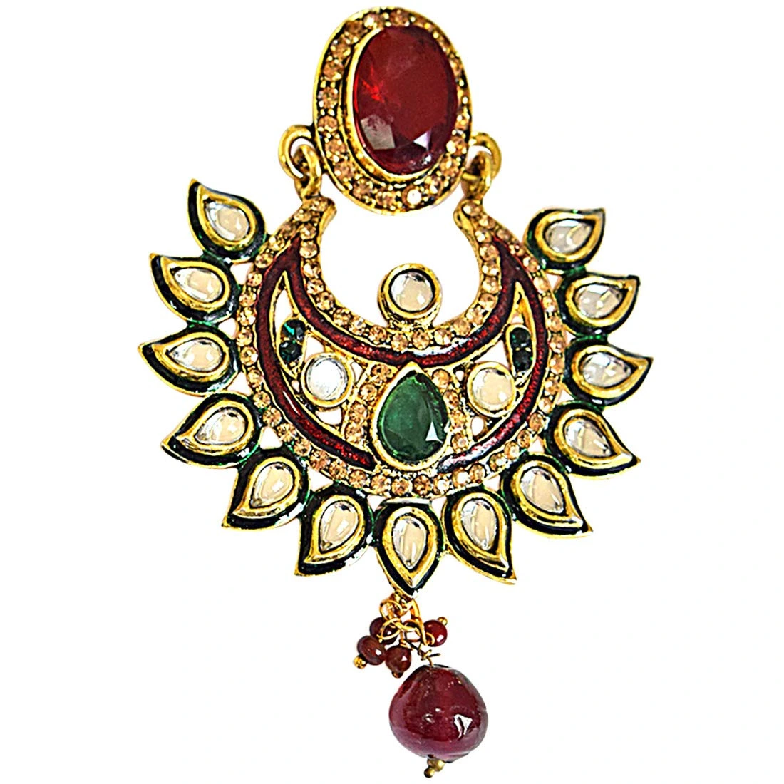 Traditional Polki, Red & Green Stone & Gold Plated Indian Motif Hanging Earrings