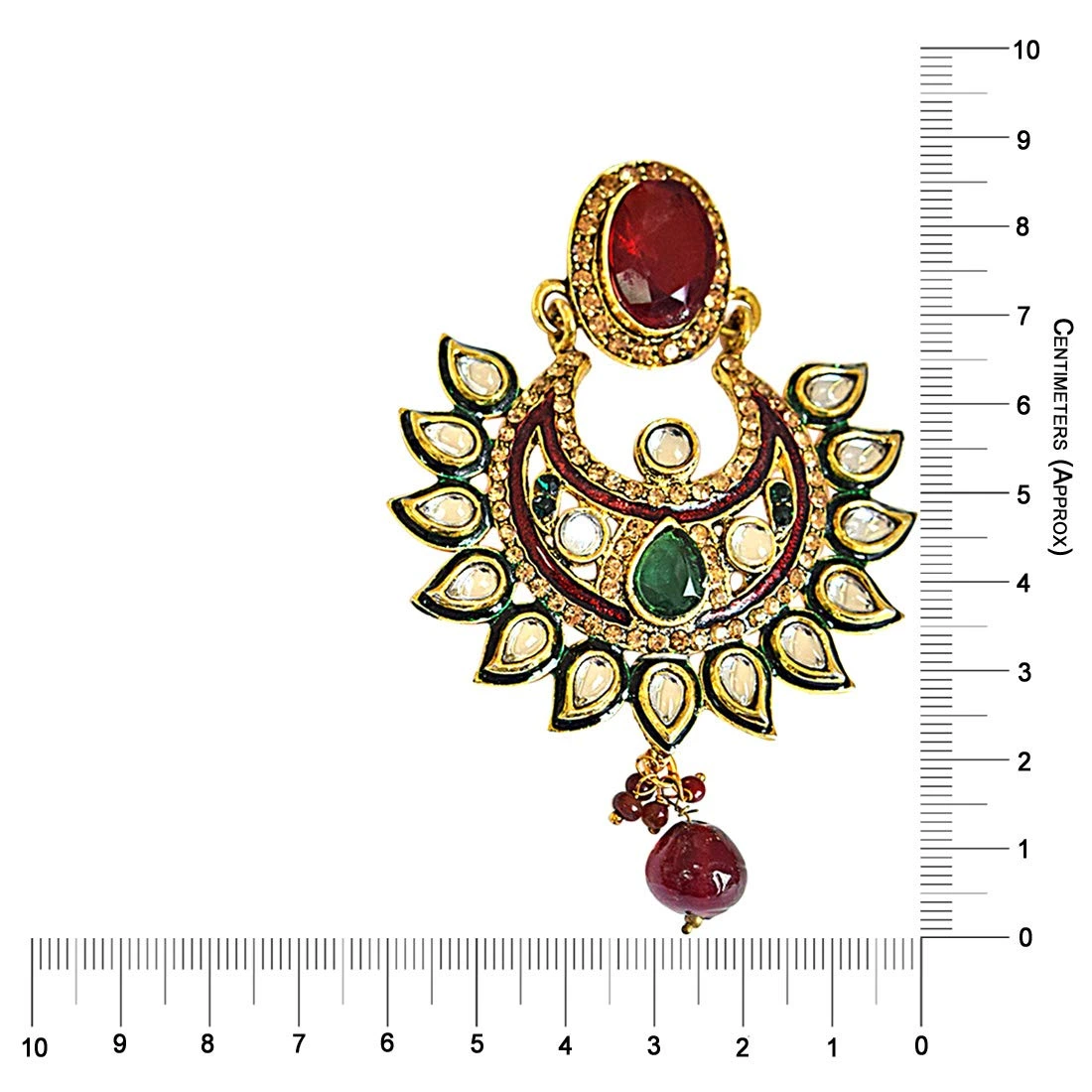 Traditional Polki, Red & Green Stone & Gold Plated Indian Motif Hanging Earrings (PSE57)