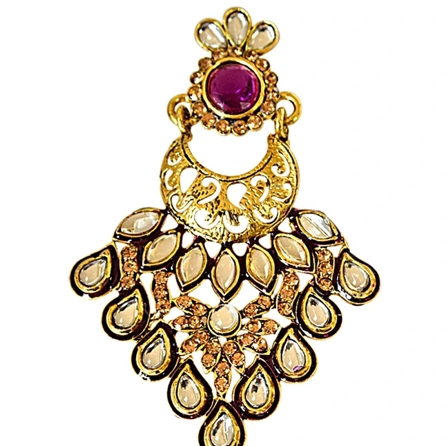 Trendy White Polki, Purple & Yellow Stones & Gold Plated Hanging Earrings (PSE59)