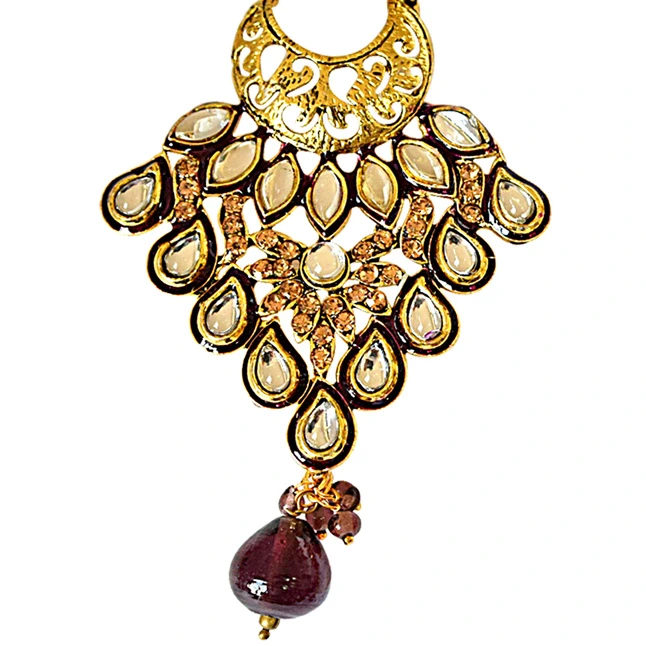 Trendy White Polki, Purple & Yellow Stones & Gold Plated Hanging Earrings (PSE59)