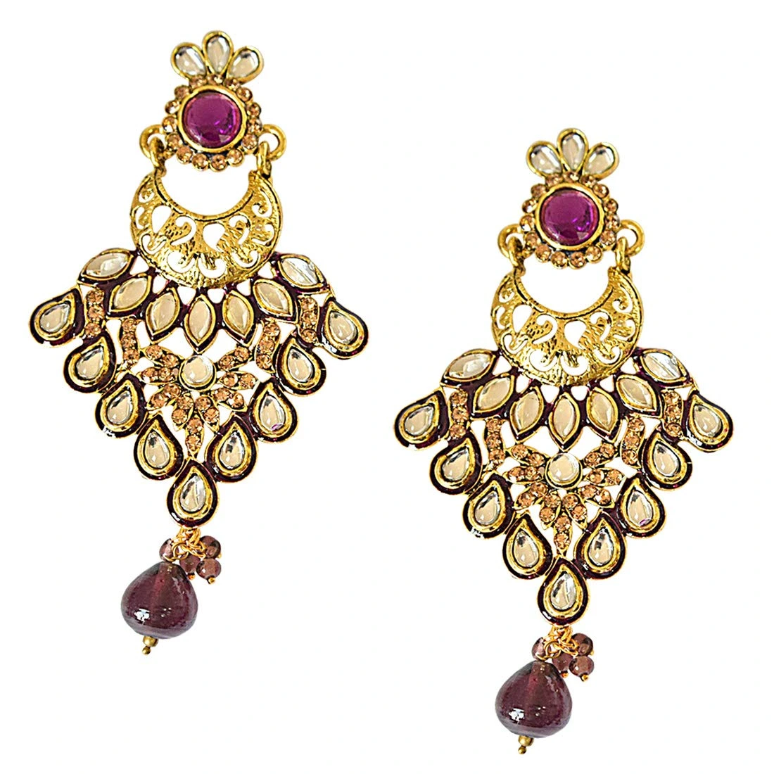 Trendy White Polki, Purple & Yellow Stones & Gold Plated Hanging Earrings