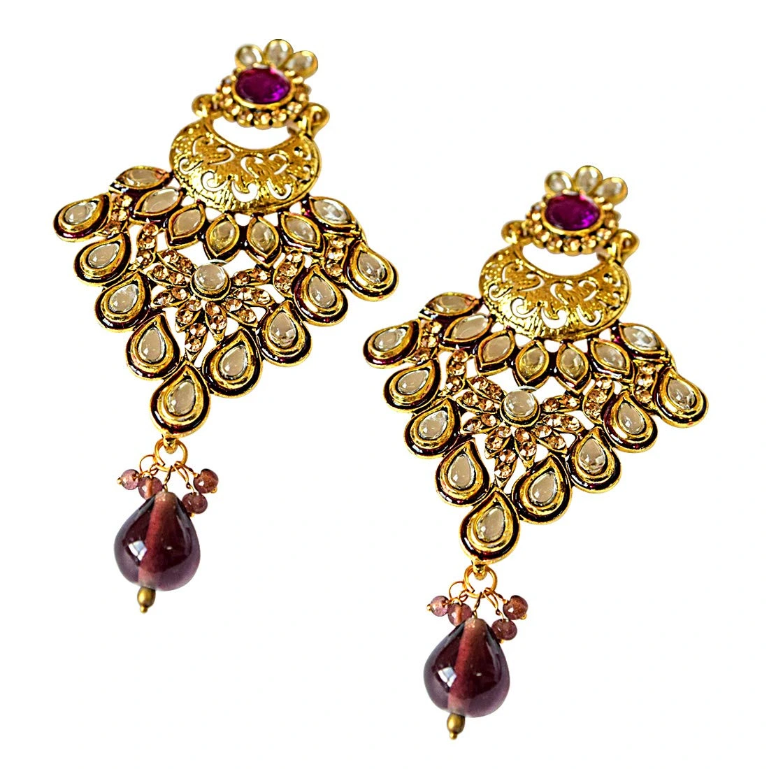 Trendy White Polki, Purple & Yellow Stones & Gold Plated Hanging Earrings (PSE59)