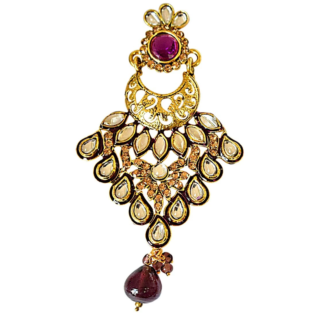 Trendy White Polki, Purple & Yellow Stones & Gold Plated Hanging Earrings (PSE59)