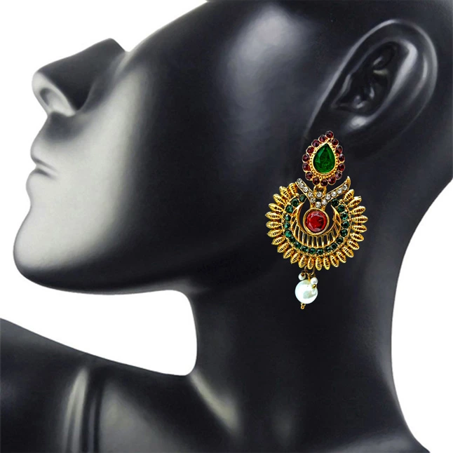Ethnic Drop Shaped Red, Green & White Stone Gold Plated Hanging Earrings