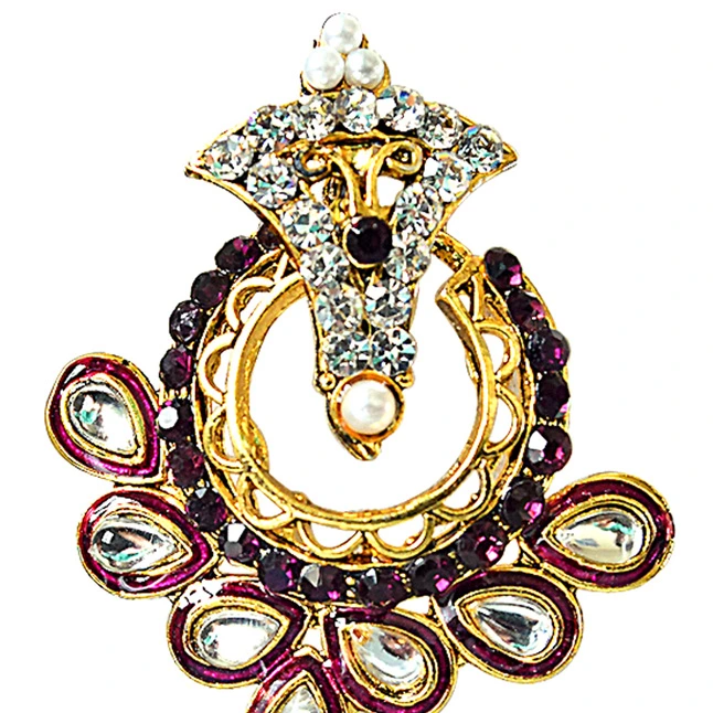 Trendy Purple & White Stones & Gold Plated Ch bali Earrings