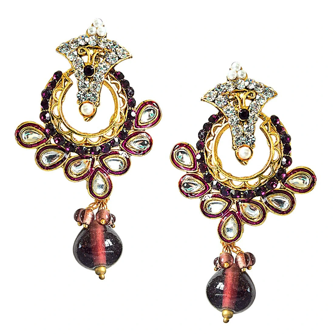 Trendy Purple & White Stones & Gold Plated Chandbali Earrings (PSE60)