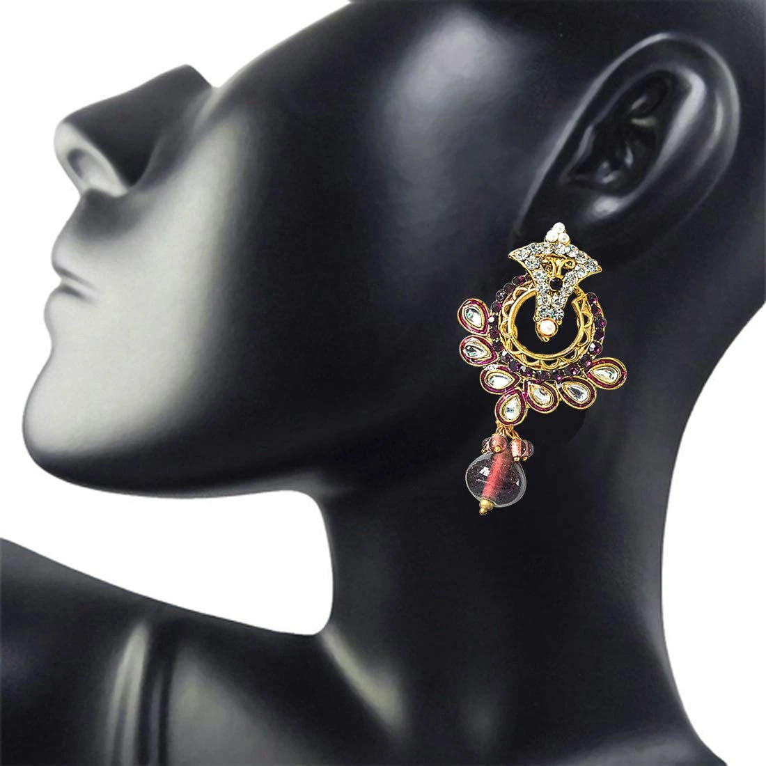 Trendy Purple & White Stones & Gold Plated Ch bali Earrings