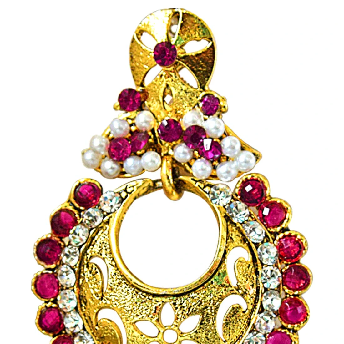Traditional Pink & White Stones & Gold Plated Ch bali Earrings