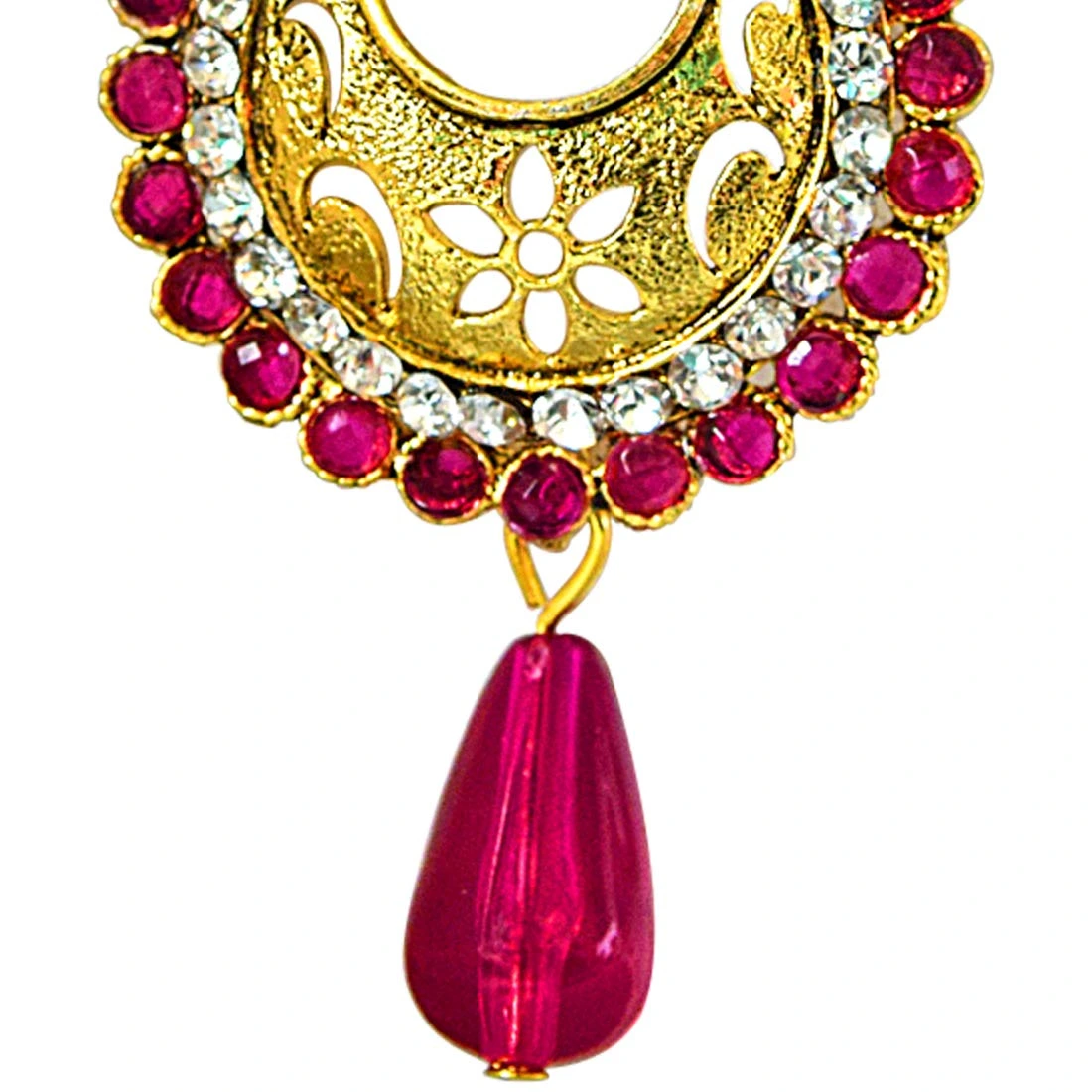 Traditional Pink & White Stones & Gold Plated Ch bali Earrings