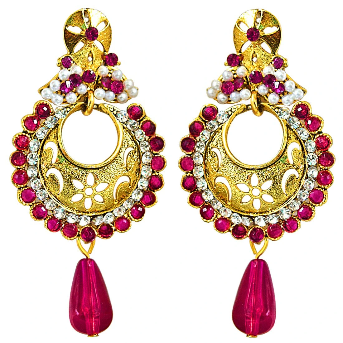 Traditional Pink & White Stones & Gold Plated Chandbali Earrings (PSE61)