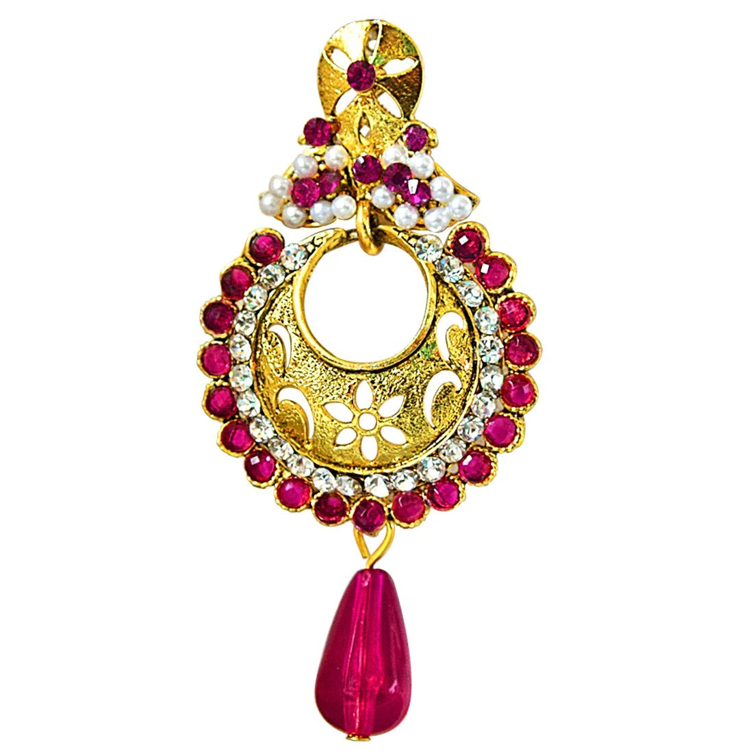 Traditional Pink & White Stones & Gold Plated Ch bali Earrings
