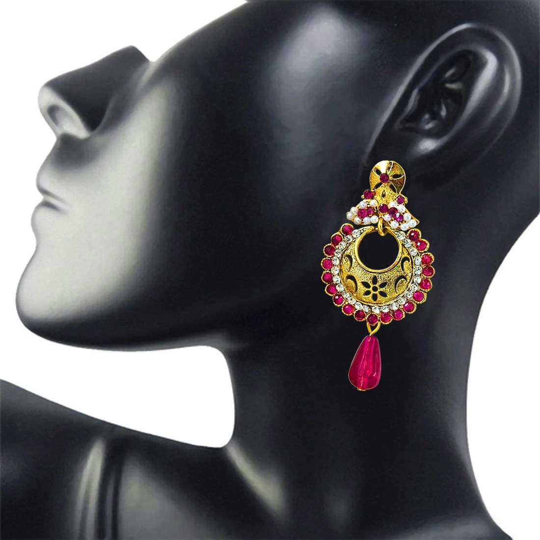 Traditional Pink & White Stones & Gold Plated Chandbali Earrings (PSE61)