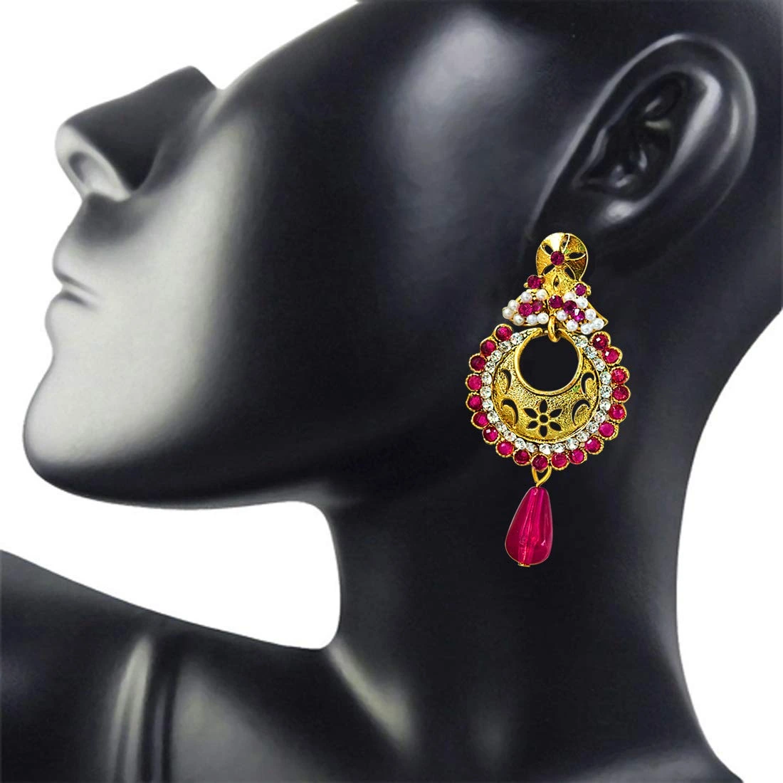 Traditional Pink & White Stones & Gold Plated Ch bali Earrings