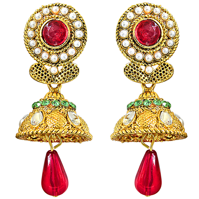 Traditional Pink, Green & White Stone & Gold Plated Chandbali Earrings
