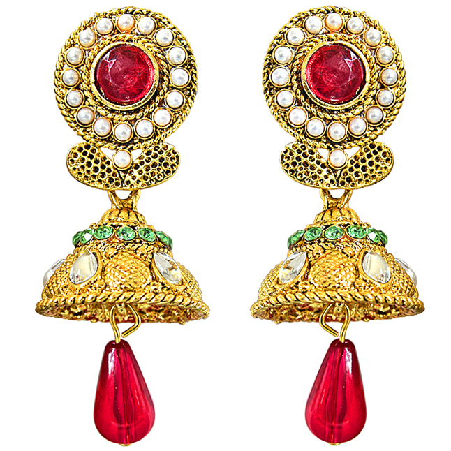 Traditional Pink, Green & White Stone & Gold Plated Chandbali Earrings (PSE62)