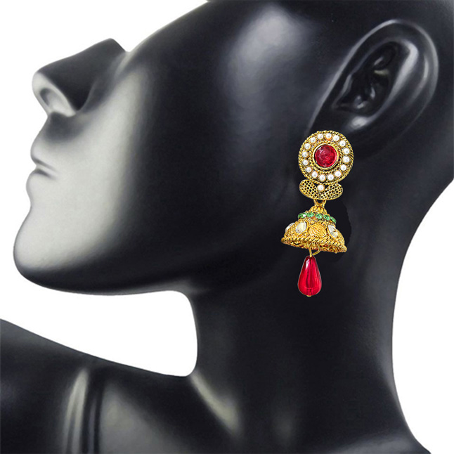 Traditional Pink, Green & White Stone & Gold Plated Chandbali Earrings (PSE62)