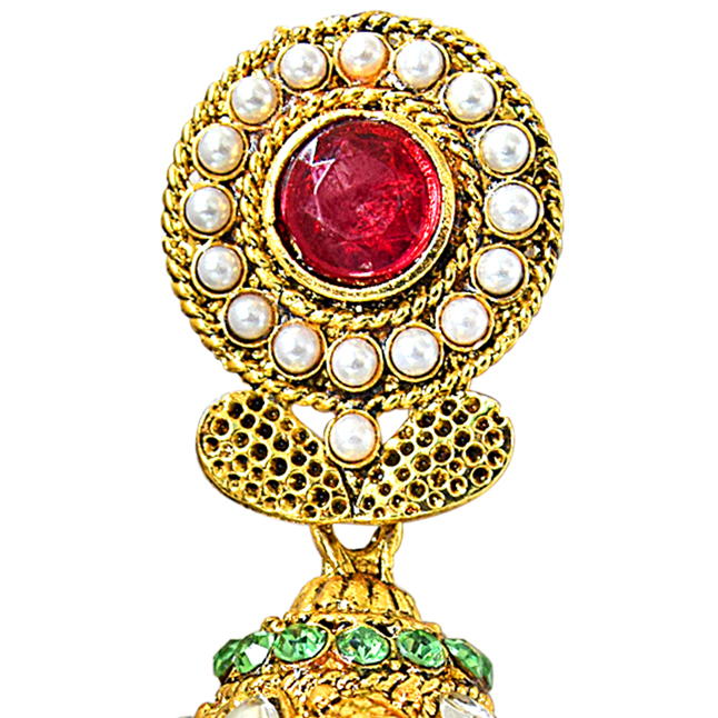 Traditional Pink, Green & White Stone & Gold Plated Chandbali Earrings (PSE62)