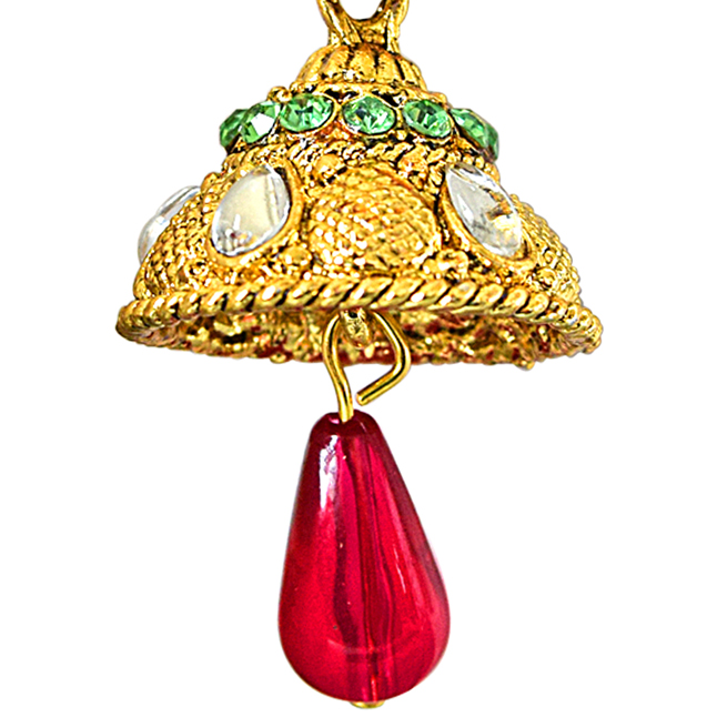 Traditional Pink, Green & White Stone & Gold Plated Chandbali Earrings (PSE62)