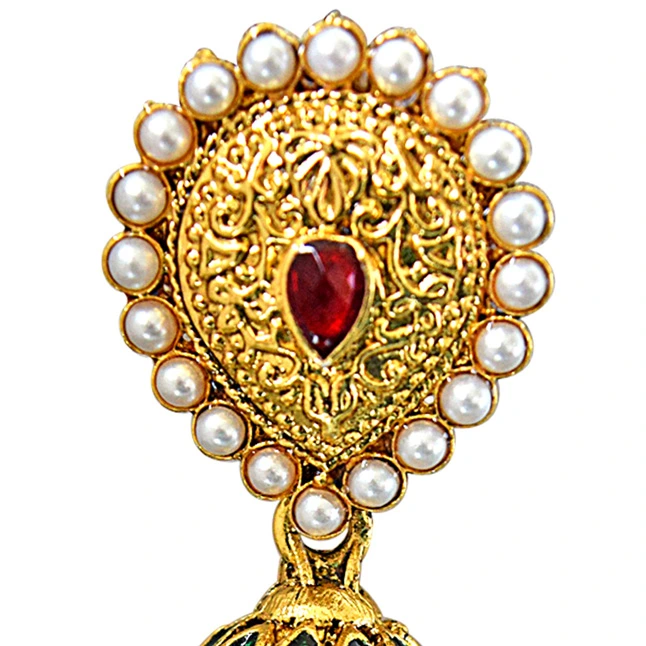 Traditional Red & Green Stone, Shell Pearl & Gold Plated Chandbali Enamelled Earrings (PSE63)