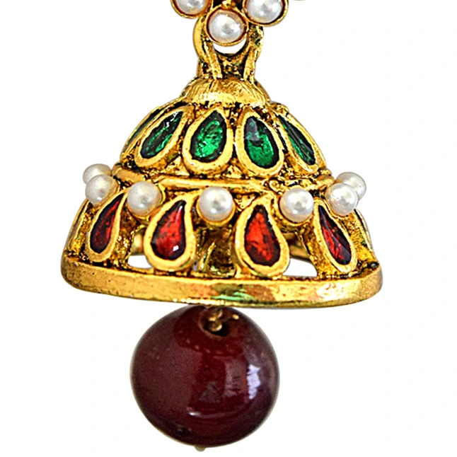 Traditional Red & Green Stone, Shell Pearl & Gold Plated Chandbali Enamelled Earrings (PSE63)