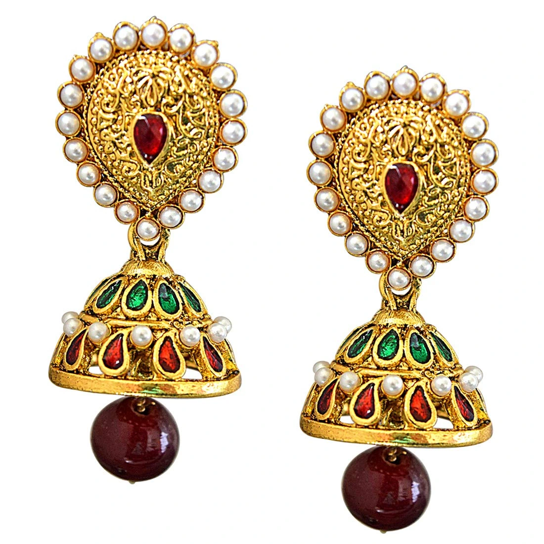 Traditional Red & Green Stone, Shell Pearl & Gold Plated Chandbali Enamelled Earrings (PSE63)