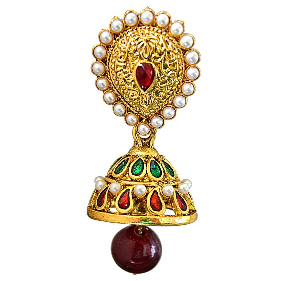 Traditional Red & Green Stone, Shell Pearl & Gold Plated Chandbali Enamelled Earrings (PSE63)