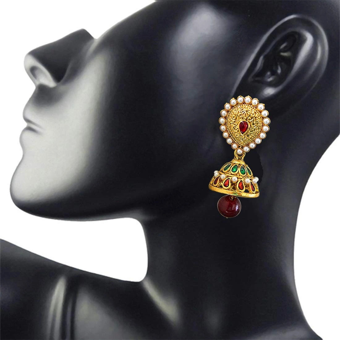 Traditional Red & Green Stone, Shell Pearl & Gold Plated Ch bali Enamelled Earrings