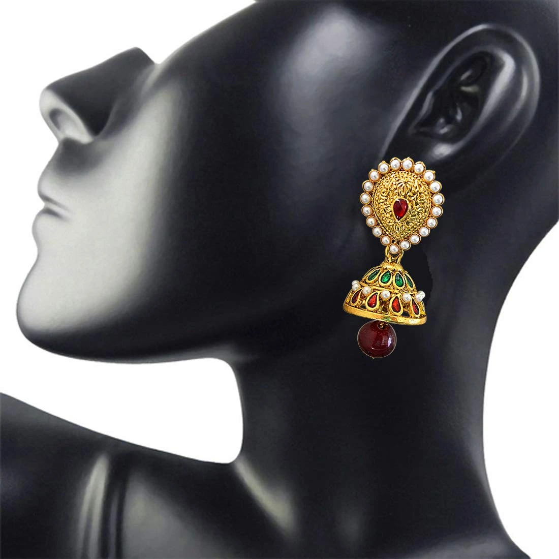 Traditional Red & Green Stone, Shell Pearl & Gold Plated Chandbali Enamelled Earrings (PSE63)