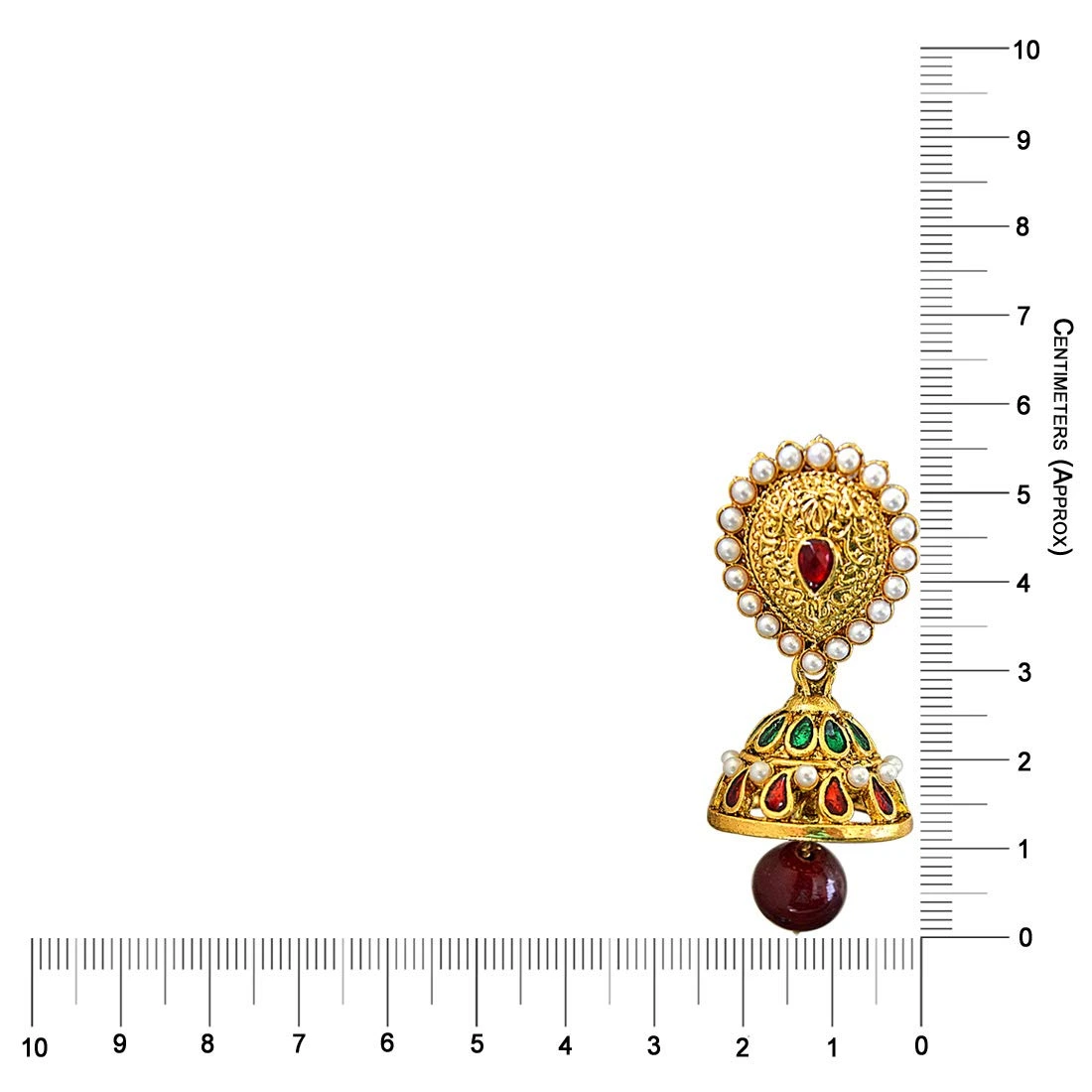 Traditional Red & Green Stone, Shell Pearl & Gold Plated Ch bali Enamelled Earrings