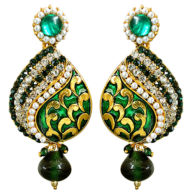 Traditional Drop Shaped Green & White Stone & Gold Plated Chandbali Earrings (PSE66)