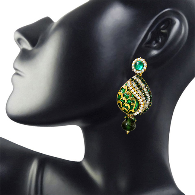 Traditional Drop Shaped Green & White Stone & Gold Plated Chandbali Earrings (PSE66)