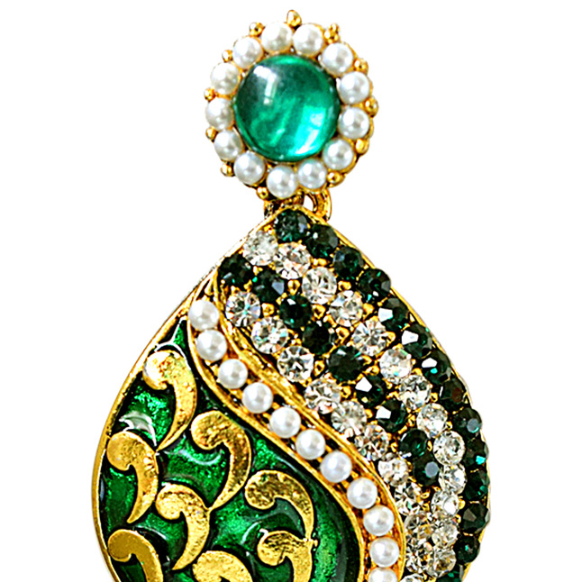 Traditional Drop Shaped Green & White Stone & Gold Plated Chandbali Earrings (PSE66)