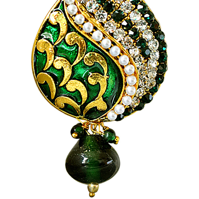 Traditional Drop Shaped Green & White Stone & Gold Plated Chandbali Earrings (PSE66)