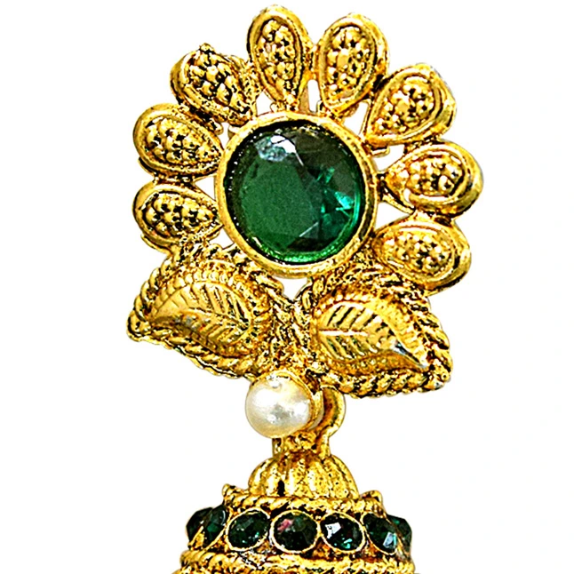 Traditional Floral Shaped Green & White Stone & Gold Plated Chandbali Earrings (PSE67)