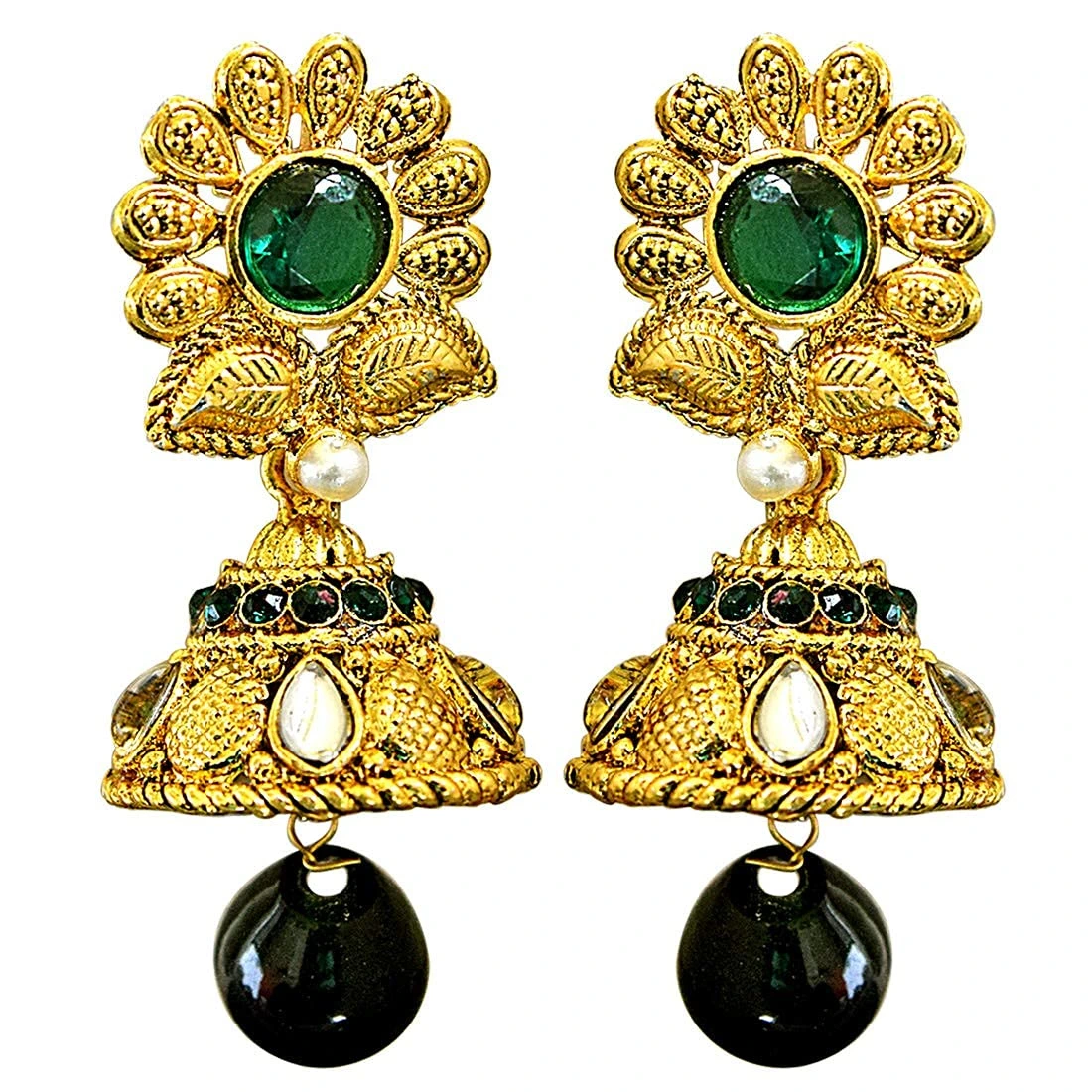 Traditional Floral Shaped Green & White Stone & Gold Plated Chandbali Earrings (PSE67)