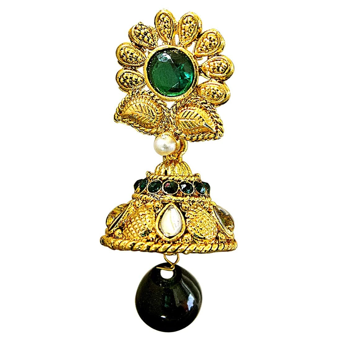 Traditional Floral Shaped Green & White Stone & Gold Plated Ch bali Earrings