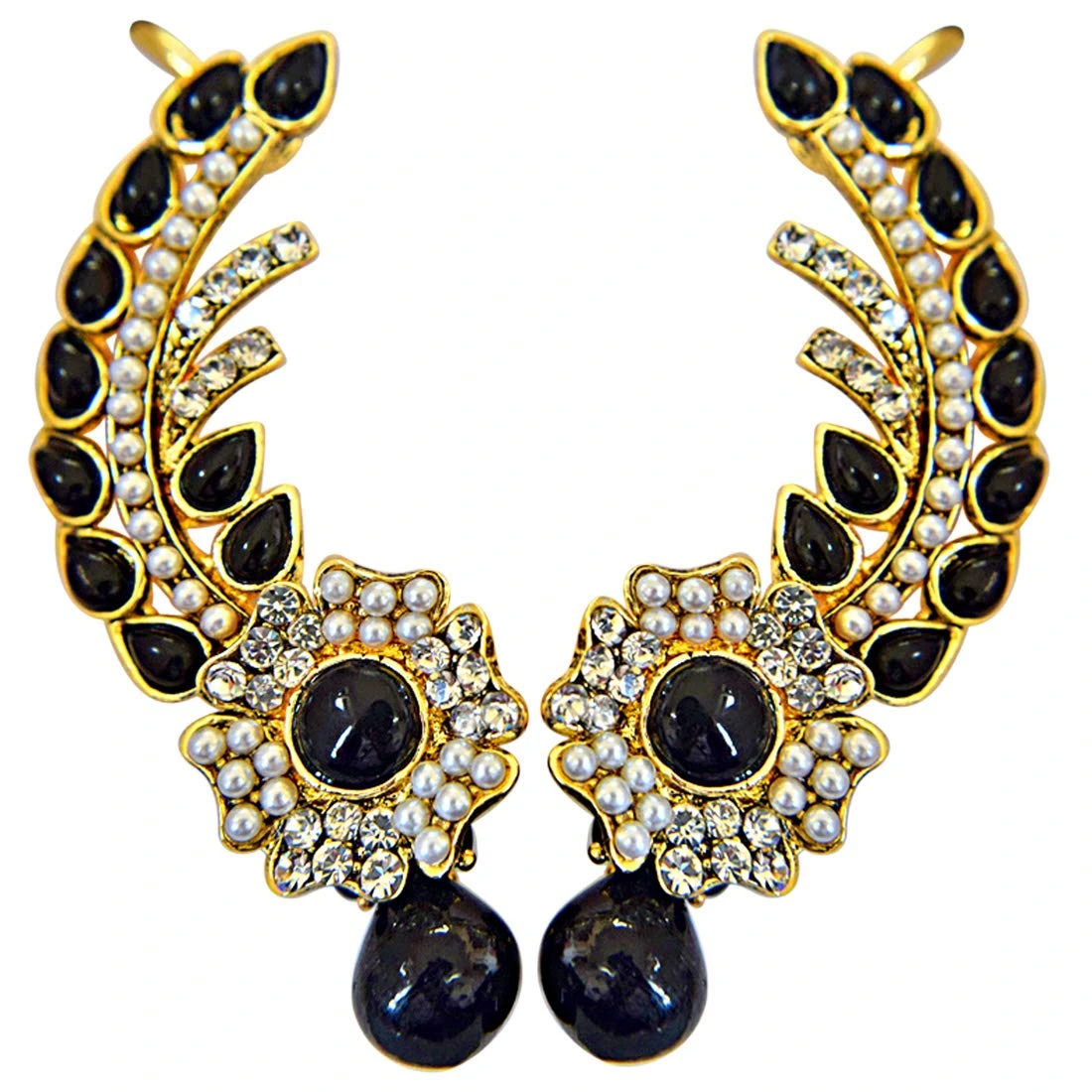 Midnight Blossom - Floral Black-White Stone Faux Pearl Ear Cuffs (PSE76)