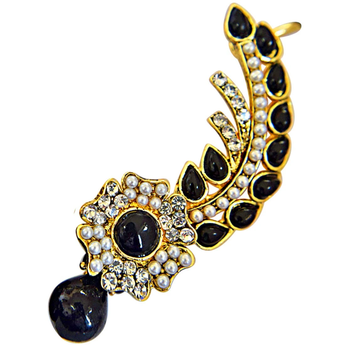 Midnight Blossom - Floral Black-White Stone Faux Pearl Ear Cuffs (PSE76)