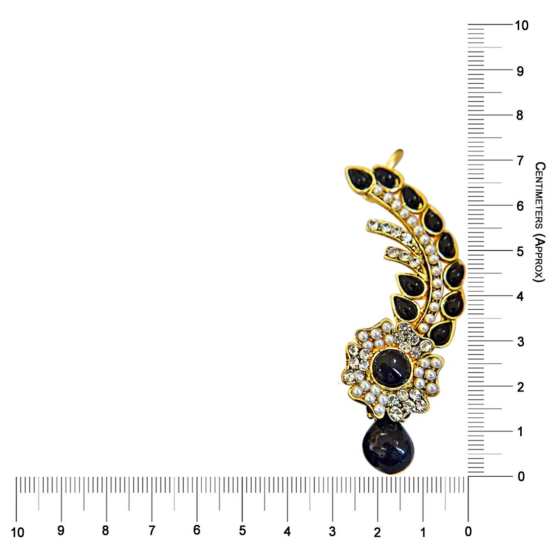 Midnight Blossom - Floral Black-White Stone Faux Pearl Ear Cuffs (PSE76)