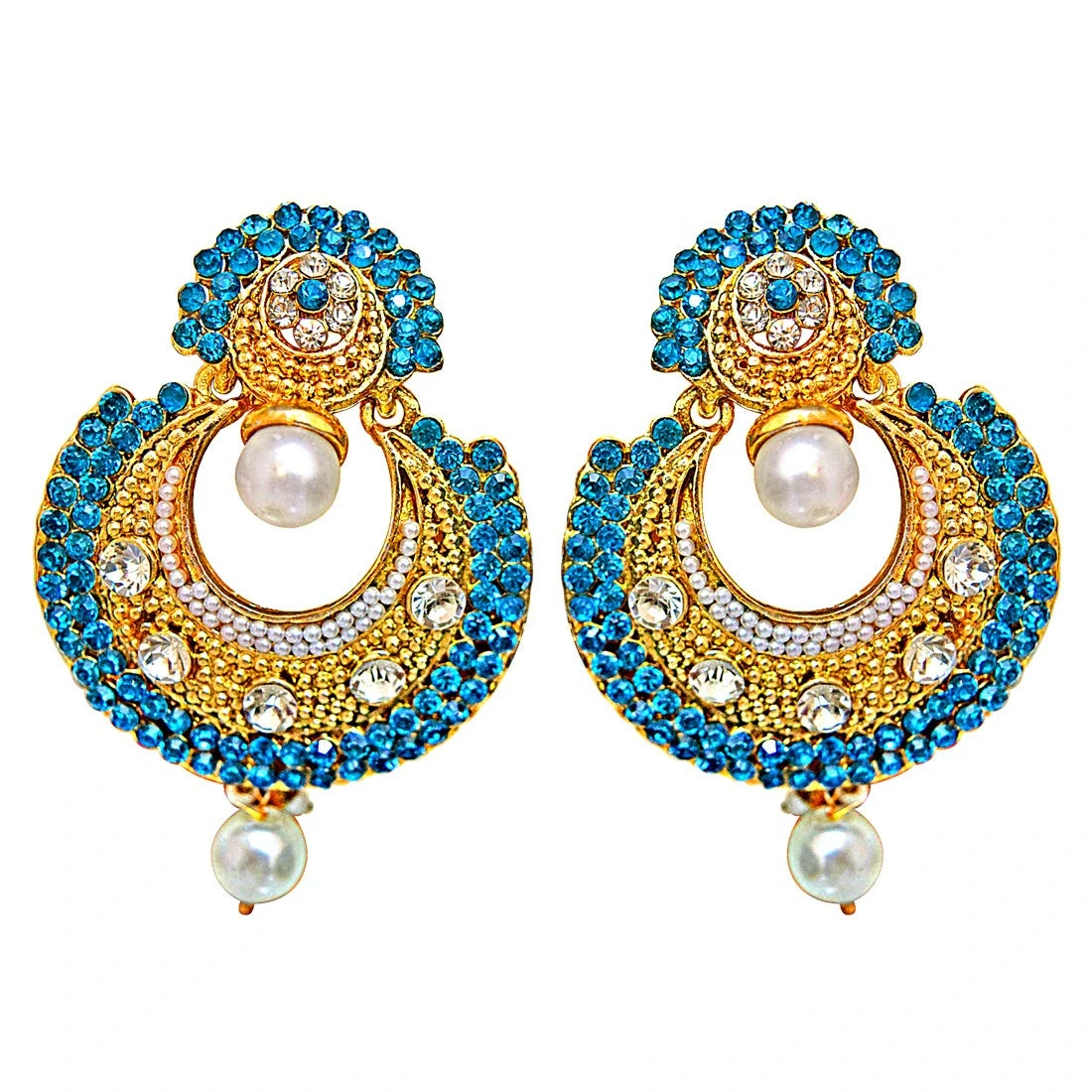 Traditional Round Shaped Blue & White Stone & Gold Plated Dangling Fashion Earrings for Women (PSE9)