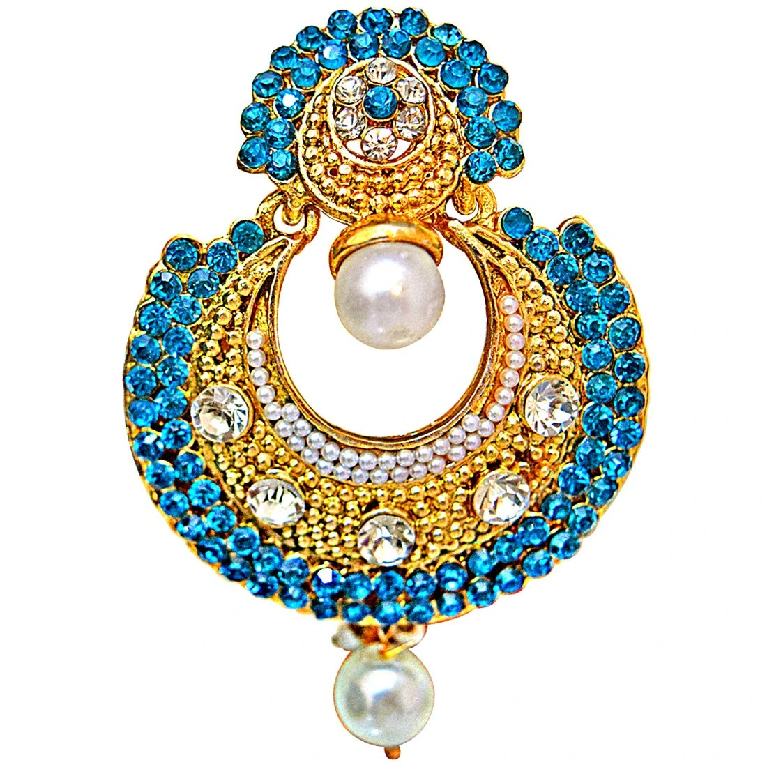 Traditional Round Shaped Blue & White Stone & Gold Plated Dangling Fashion Earrings for Women (PSE9)